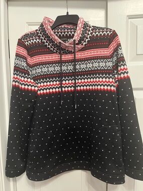 Talbots Black Crewneck Fair Isle Sweater with Red and White Accents